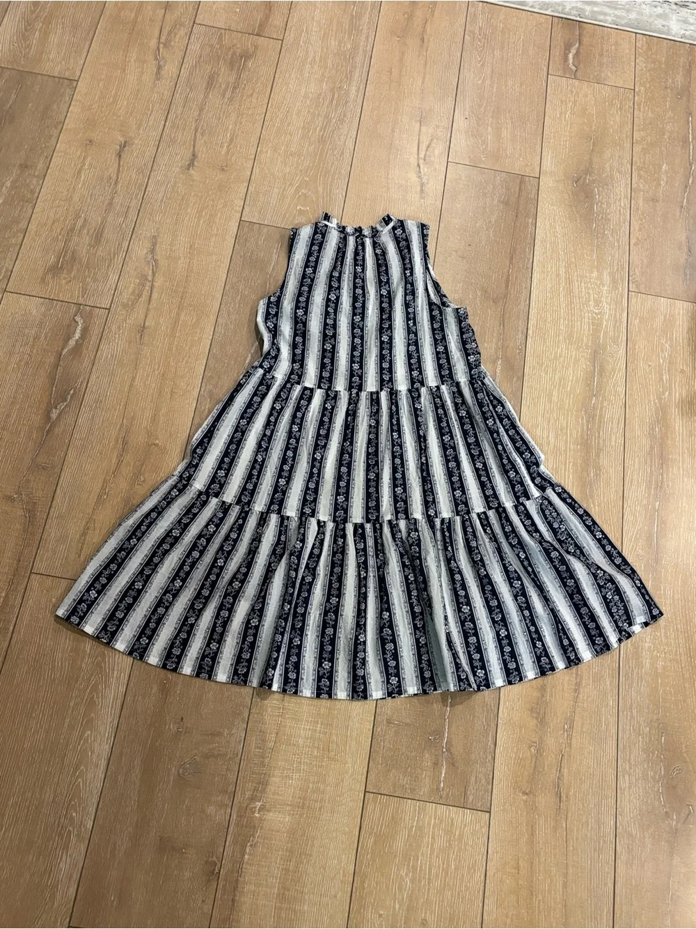 J.Crew Navy & White Floral Stripe Tiered Mini Dress XXS 100% Cotton Tassel Boho